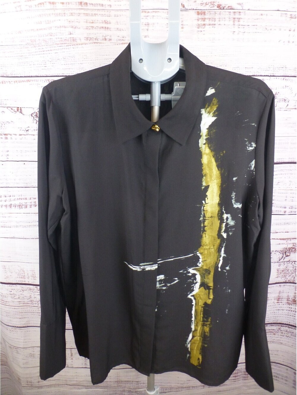 DONNAKARAN NEWYORK Women's XL Black Abstract Paint Splatter Button-Up Blouse K3